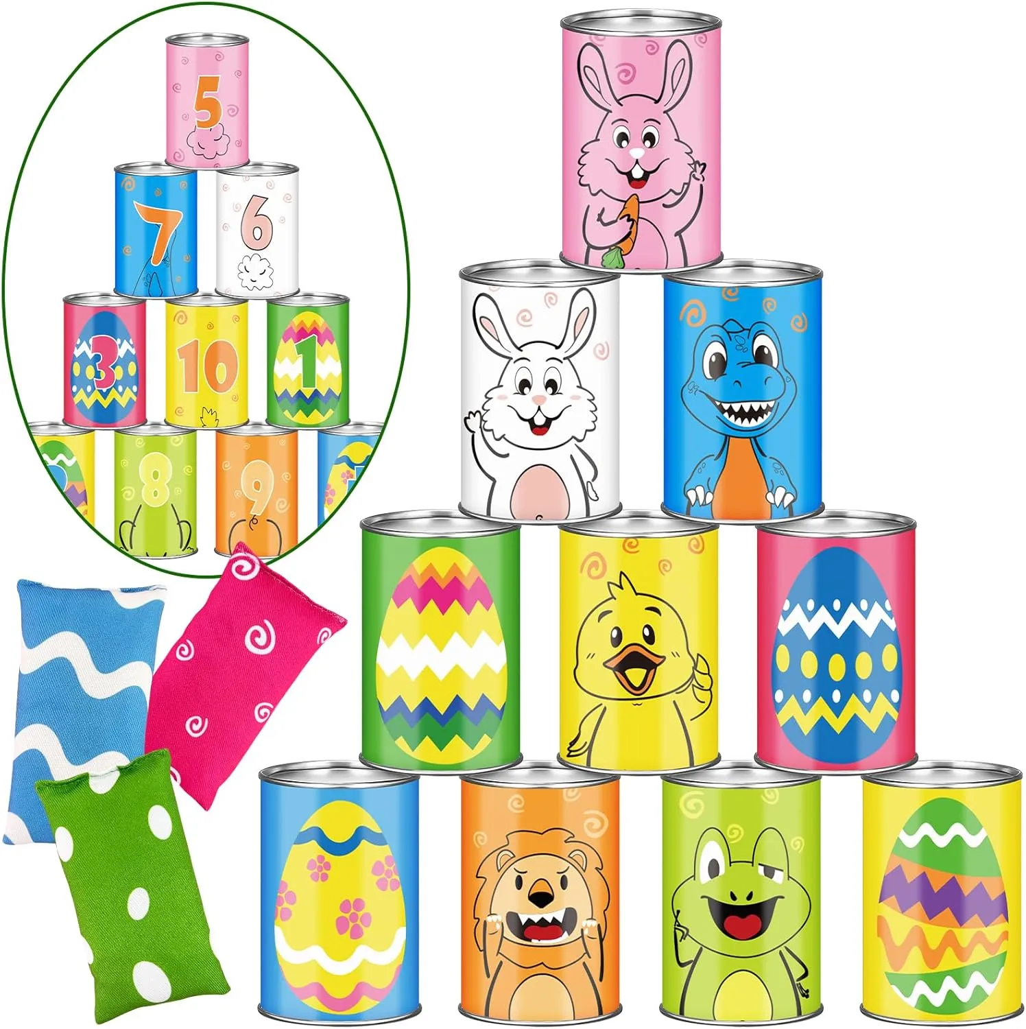 Eggs Theme erode educational Knockdown Can Carnival Outdoor Game for Kids Family Carnival Activities Party Game Easter Eggs Hunt Outdoor Lawn Yard School 13 Pack Carnival Bean Bag Toss Games, Animal Bunny Easter 