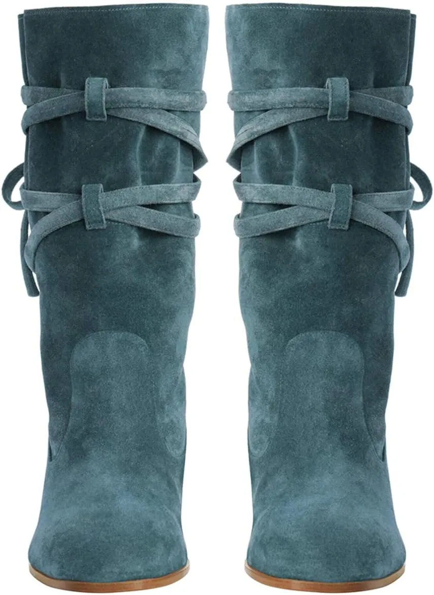 Fall Dress Work Party Daily Shoes Size 4-16 US FOWT Women Ruffled Mid Calf Boots with Cross Straps Almond Toe High Chunky Heels Short Booties memorable recorder watercourse Textured Suede Shoes Fashion Stylish Winter 