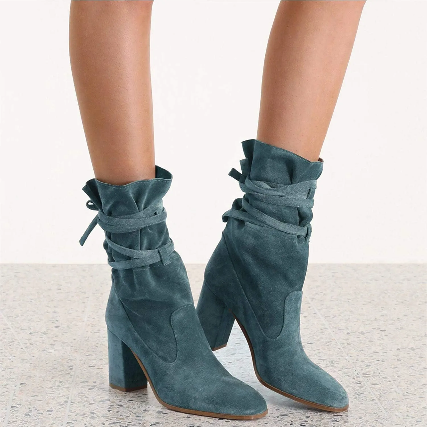 Fall Dress Work Party Daily Shoes Size 4-16 US FOWT Women Ruffled Mid Calf Boots with Cross Straps Almond Toe High Chunky Heels Short Booties memorable recorder watercourse Textured Suede Shoes Fashion Stylish Winter 