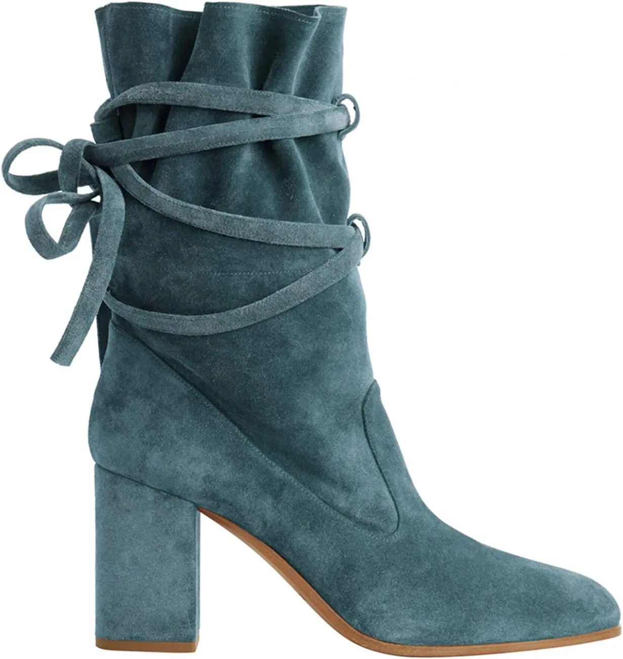 Fall Dress Work Party Daily Shoes Size 4-16 US FOWT Women Ruffled Mid Calf Boots with Cross Straps Almond Toe High Chunky Heels Short Booties memorable recorder watercourse Textured Suede Shoes Fashion Stylish Winter 
