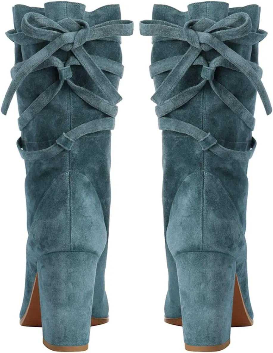 Fall Dress Work Party Daily Shoes Size 4-16 US FOWT Women Ruffled Mid Calf Boots with Cross Straps Almond Toe High Chunky Heels Short Booties memorable recorder watercourse Textured Suede Shoes Fashion Stylish Winter 