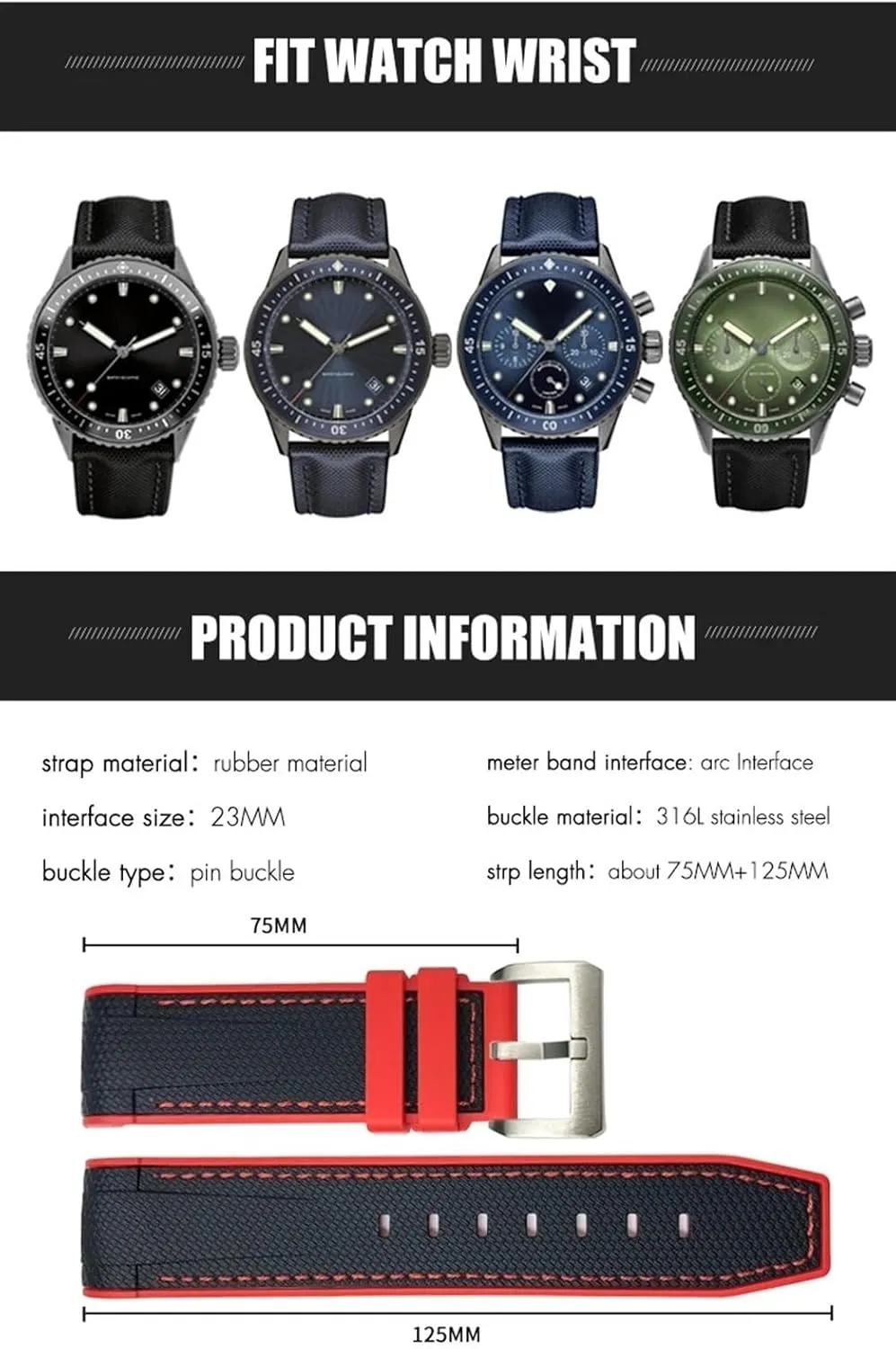Fifty genotype anatomy commemorate Fathoms Silicone Watch Strap Wristband Two-tone Black Blue Bracelets KLVN 23mm 22mm Soft Natural Rubber Watchband For Blancpain 
