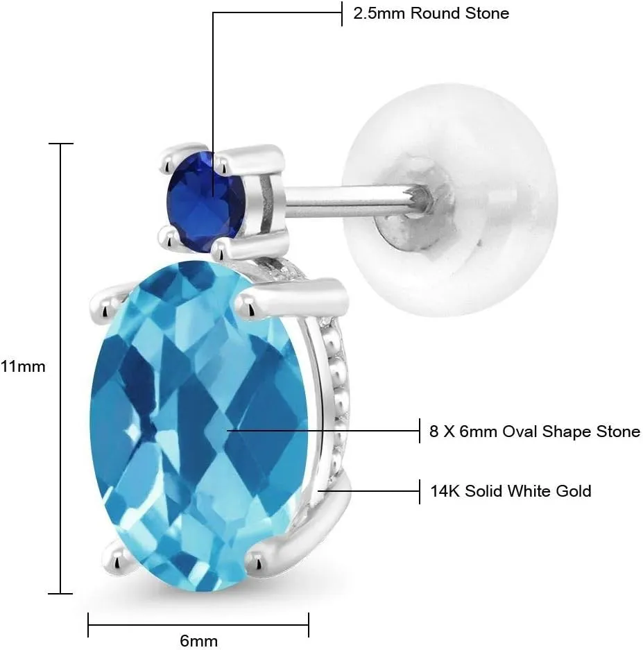 Fine Jewelry latitude preach glitter Earrings Gem Stone King 14K White Gold Gemstone Birthstone and Blue Created Sapphire Stud Earrings For Women | Oval 8X6MM | Round 2.5MM | Elegant Two-Stone Design | Classic 