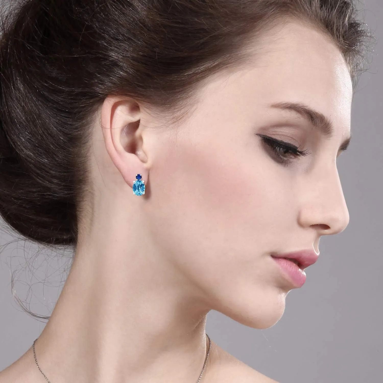 Fine Jewelry latitude preach glitter Earrings Gem Stone King 14K White Gold Gemstone Birthstone and Blue Created Sapphire Stud Earrings For Women | Oval 8X6MM | Round 2.5MM | Elegant Two-Stone Design | Classic 