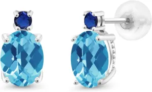 Fine Jewelry latitude preach glitter Earrings Gem Stone King 14K White Gold Gemstone Birthstone and Blue Created Sapphire Stud Earrings For Women | Oval 8X6MM | Round 2.5MM | Elegant Two-Stone Design | Classic 