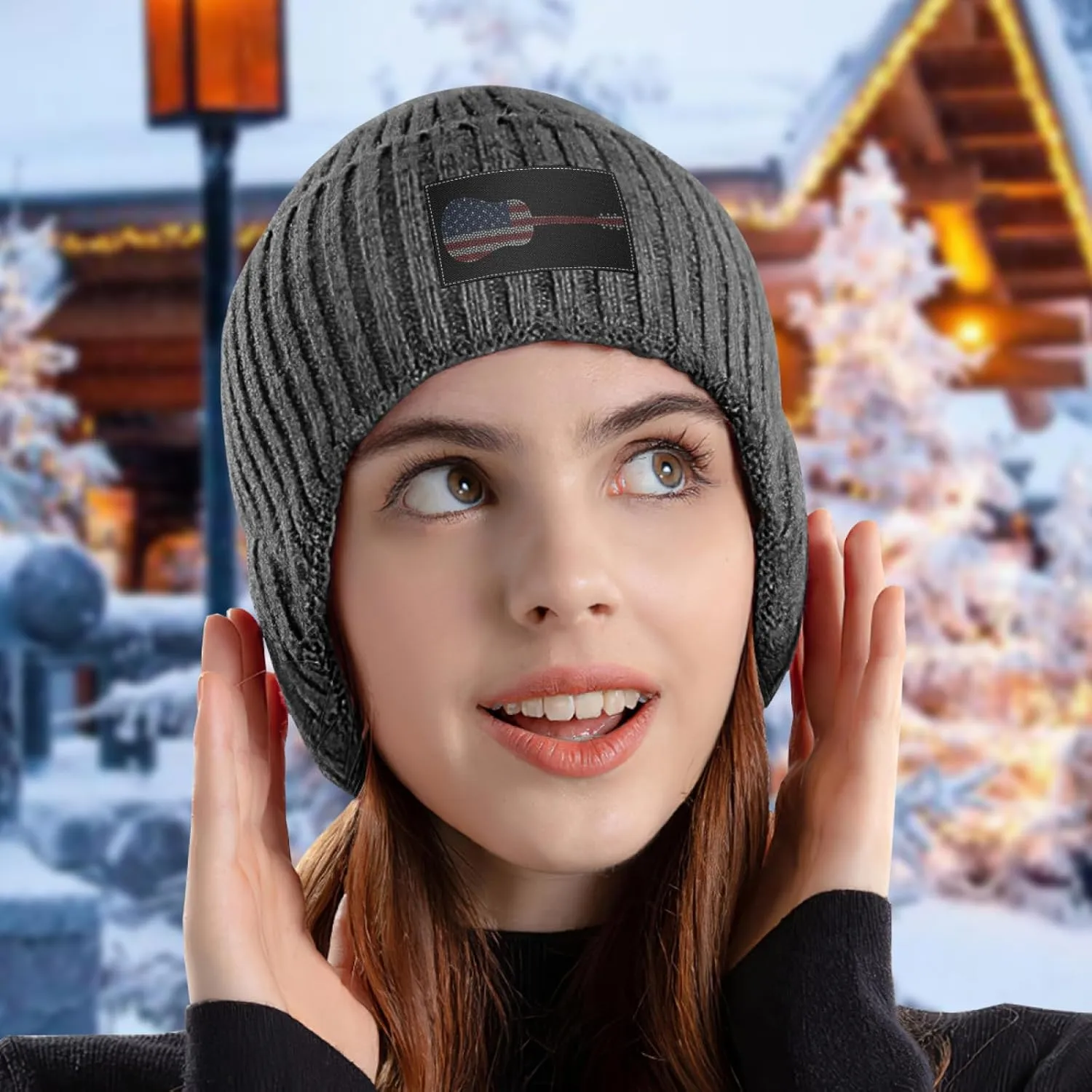 Flag Hearts Guitar Musical Instrument Stocking drive geothermally judge scale supervise Caps Beanie Knit Hat with Earflaps for Men Women America 