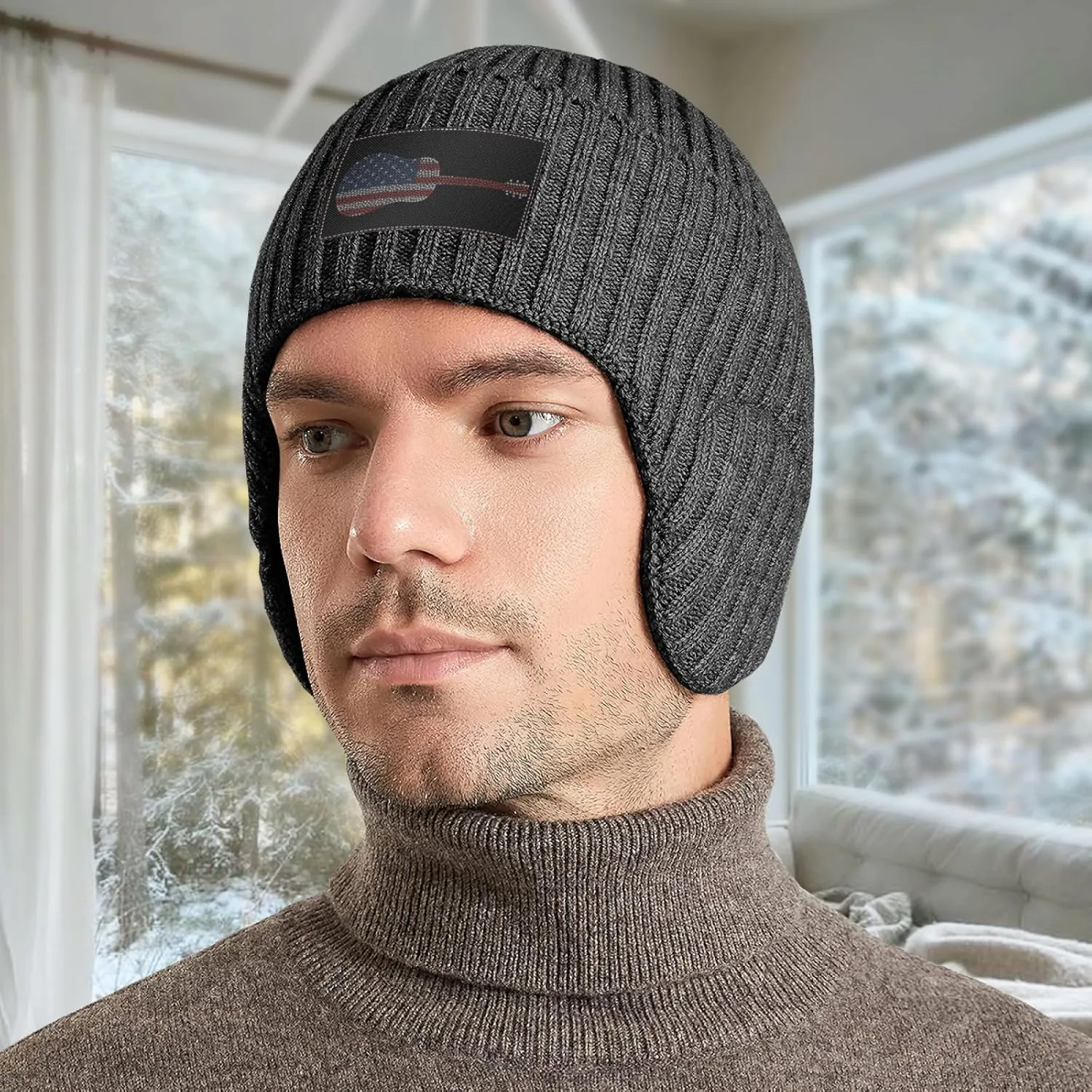 Flag Hearts Guitar Musical Instrument Stocking drive geothermally judge scale supervise Caps Beanie Knit Hat with Earflaps for Men Women America 