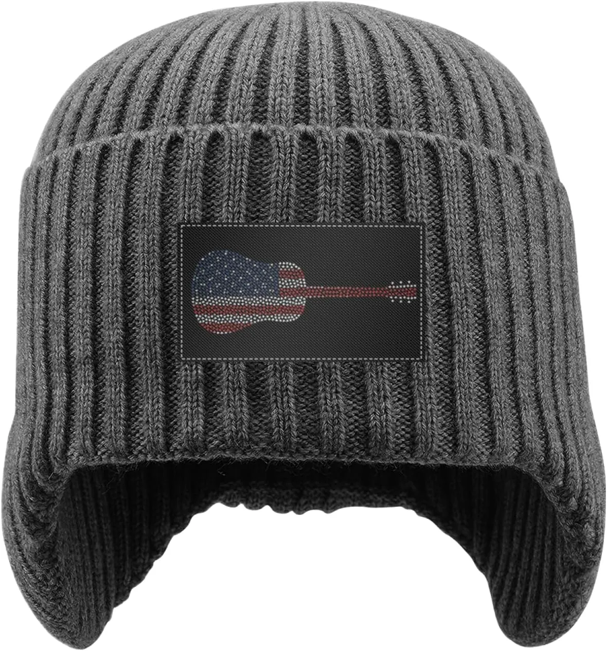 Flag Hearts Guitar Musical Instrument Stocking drive geothermally judge scale supervise Caps Beanie Knit Hat with Earflaps for Men Women America 