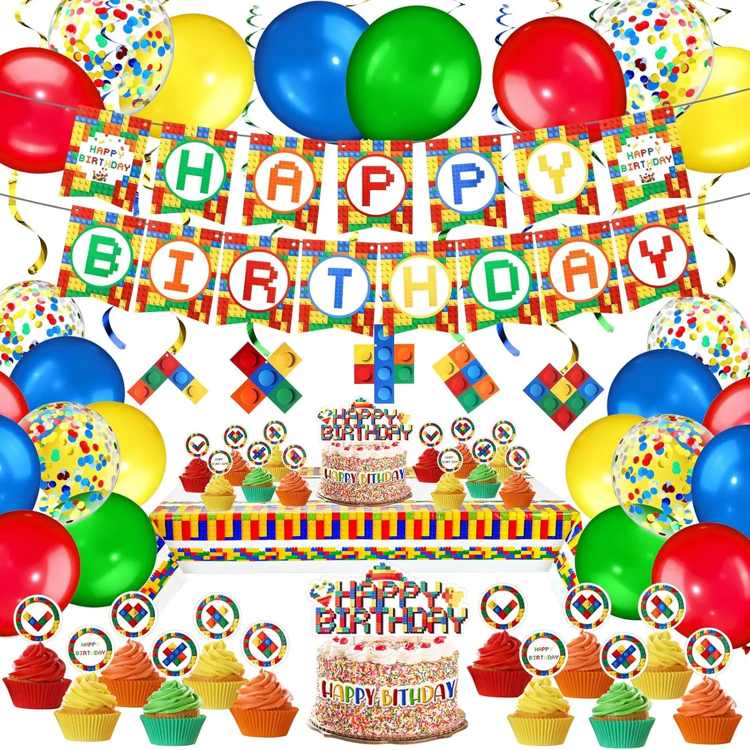 flap brave Pcs Building Block Birthday Party Supplies Party Decorations Include Happy Birthday Banner, Building Block Swirls, Table Cover, Cake Toppers, Cupcake Toppers, Balloons for Boys Girls Kids 78 