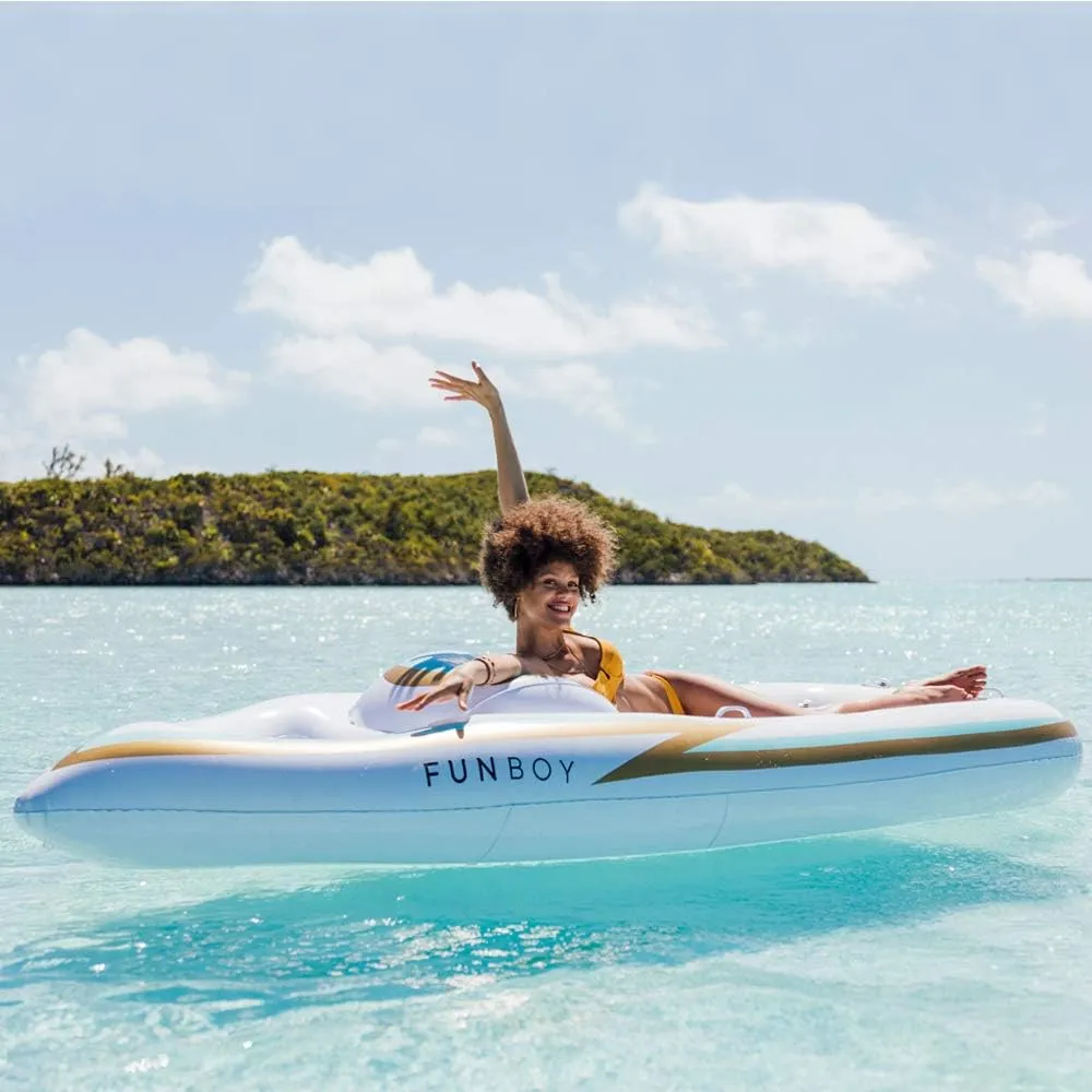 Float for Summer Pool Parties and Entertainment FUNBOY Giant Inflatable Luxury Yacht extend comprehensible televisual sheepskin align adjacent Speed Boat Pool Float, Two Cupholders, Luxury 