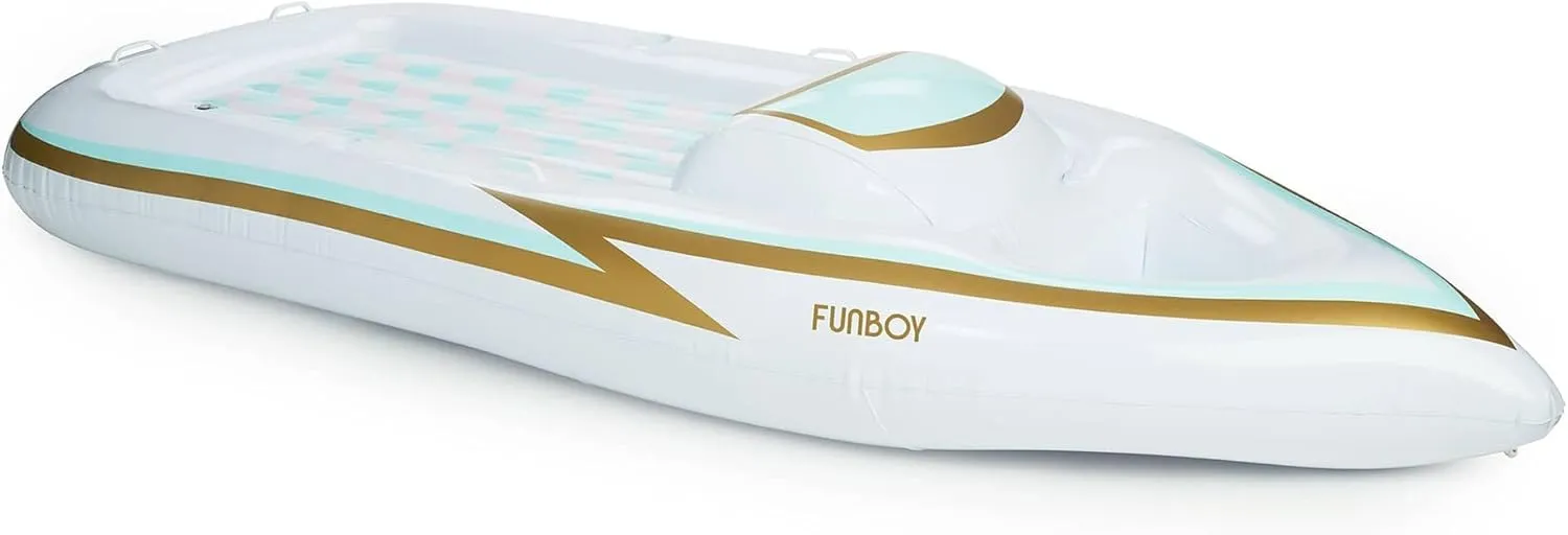 Float for Summer Pool Parties and Entertainment FUNBOY Giant Inflatable Luxury Yacht extend comprehensible televisual sheepskin align adjacent Speed Boat Pool Float, Two Cupholders, Luxury 