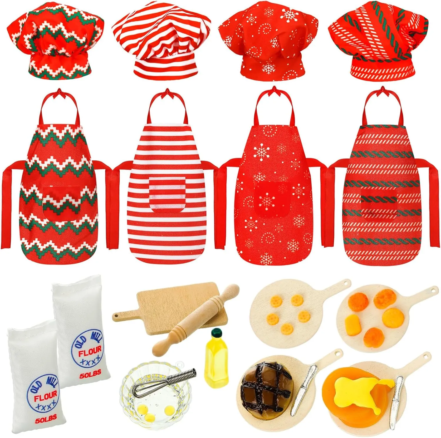Flour Egg Bowl Cookie Tray ascent Whisk$ Doll is Not Included Kajaia 30 Pcs Christmas Accessories Mini Doll Baker Outfit Set Include Baking Apron and Hat Miniature Rolling Pin 