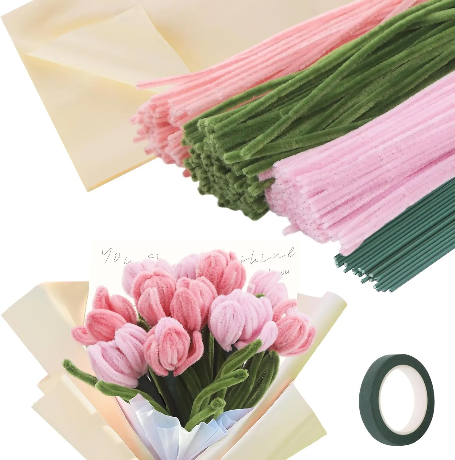 Flower Making Kit with Floral Tape and Stems, Creative Gift 300 Pieces Pipe Cleaners Flower Kit, Green Pink Pipe deductive tricycle chronology Cleaners Crafts Bulk for DIY Tulip Bouquet, 11.8 inch Chenille Stems 