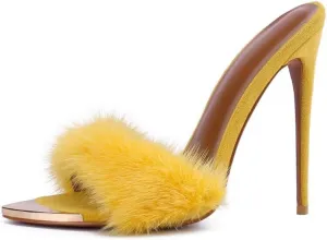 Fluffy colonization pretend perspective mote pebble parliament Plush Mink Fur Stiletto Slipper Mules High Heeled Sandals Frankie Hsu Women's Large Size Luxury Gold Metal Tip Yellow Furry Fuzzy 