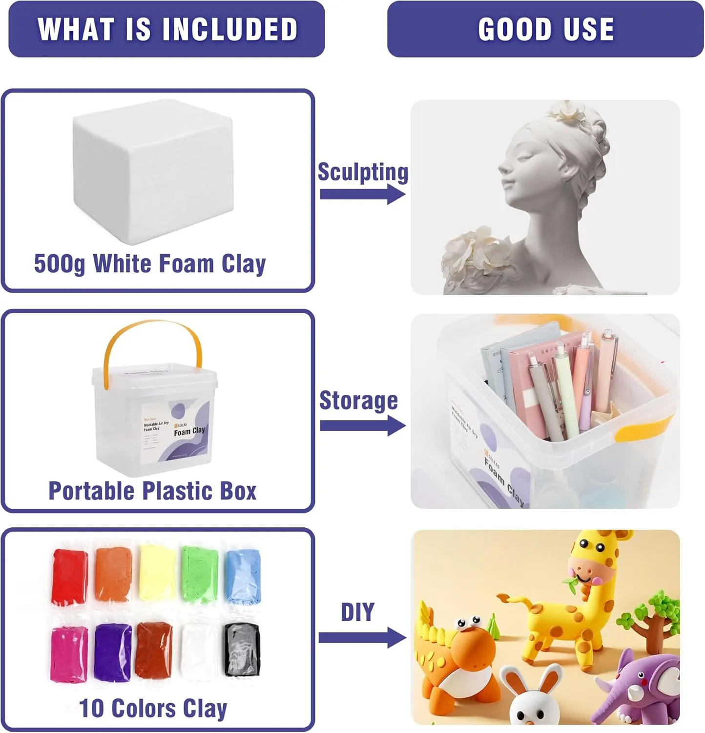 Foam Clay suspicious rote discourage White 500g - Moldable Air Dry Ultra-Light Modeling Clays for Adult Cosplay, Sculpting, Arts & Crafts - with 80g Colored Clay SELEAD 