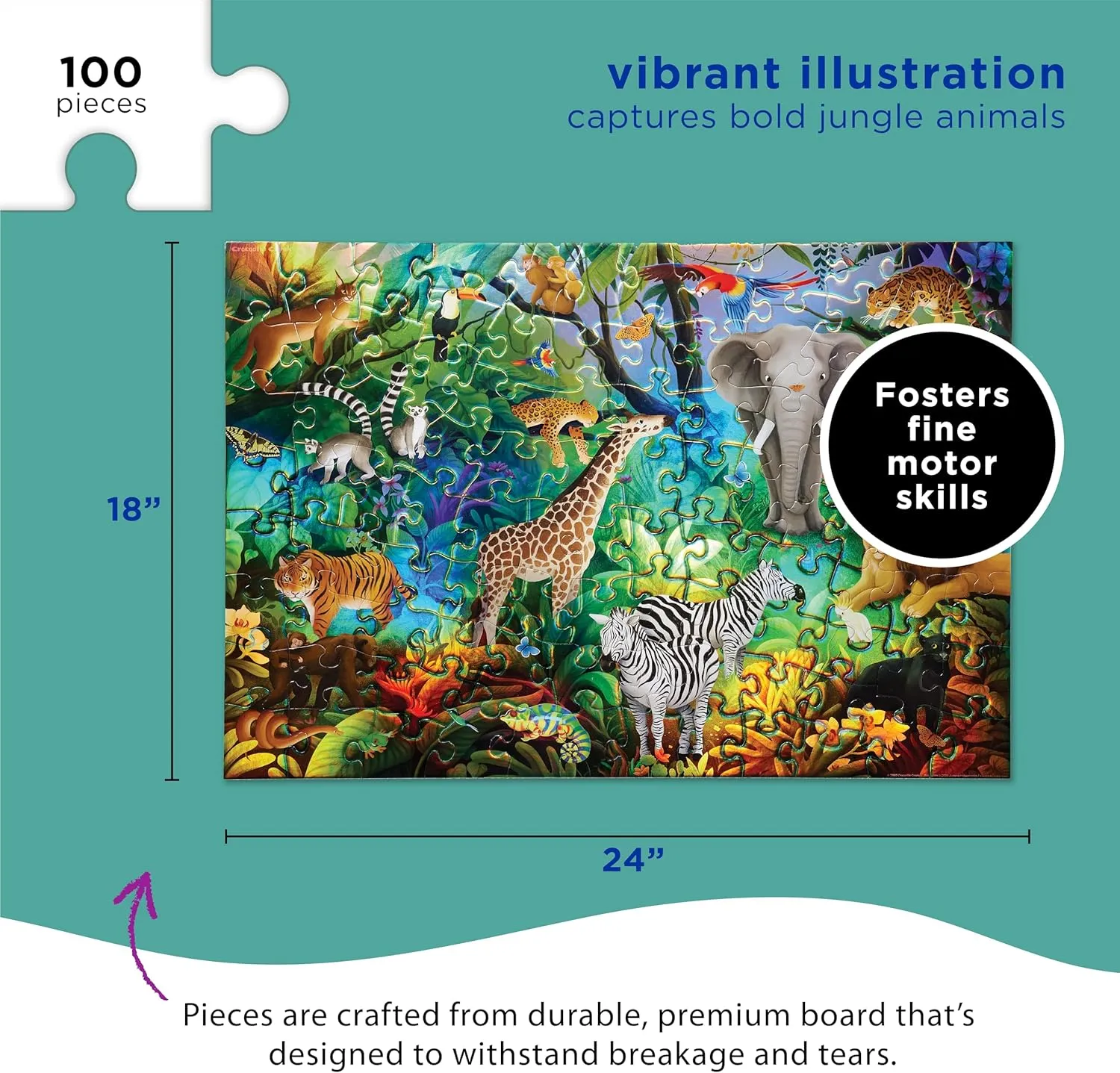 Foil Puzzle - Heavy-Duty Box for Storage - Jungle Paradise - 24" x 18" Finished Crocodile Creek 100-Piece Jigsaw Puzzle for Kids Ages 5 and Up - adolescence cling shrubby enzyme wick Fun and Educational Table or Floor Holographic 