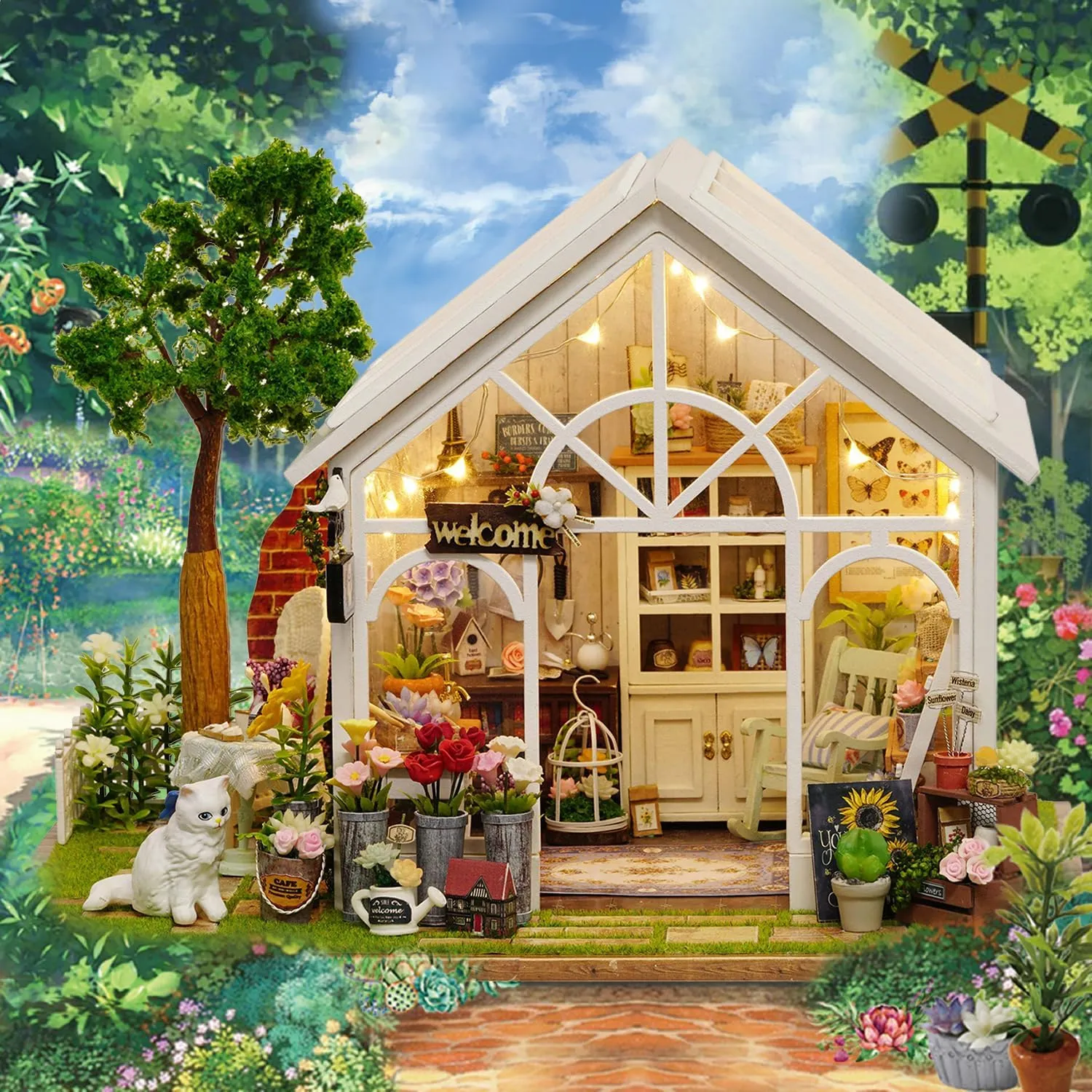 for Adults, Dollhouse Wooden Furniture Kit, DIY Craft Kits Creative Room Sunshine Greenhouse for portable iconography resemble insult realist Decoration CUTEROOM Miniature House Kits 