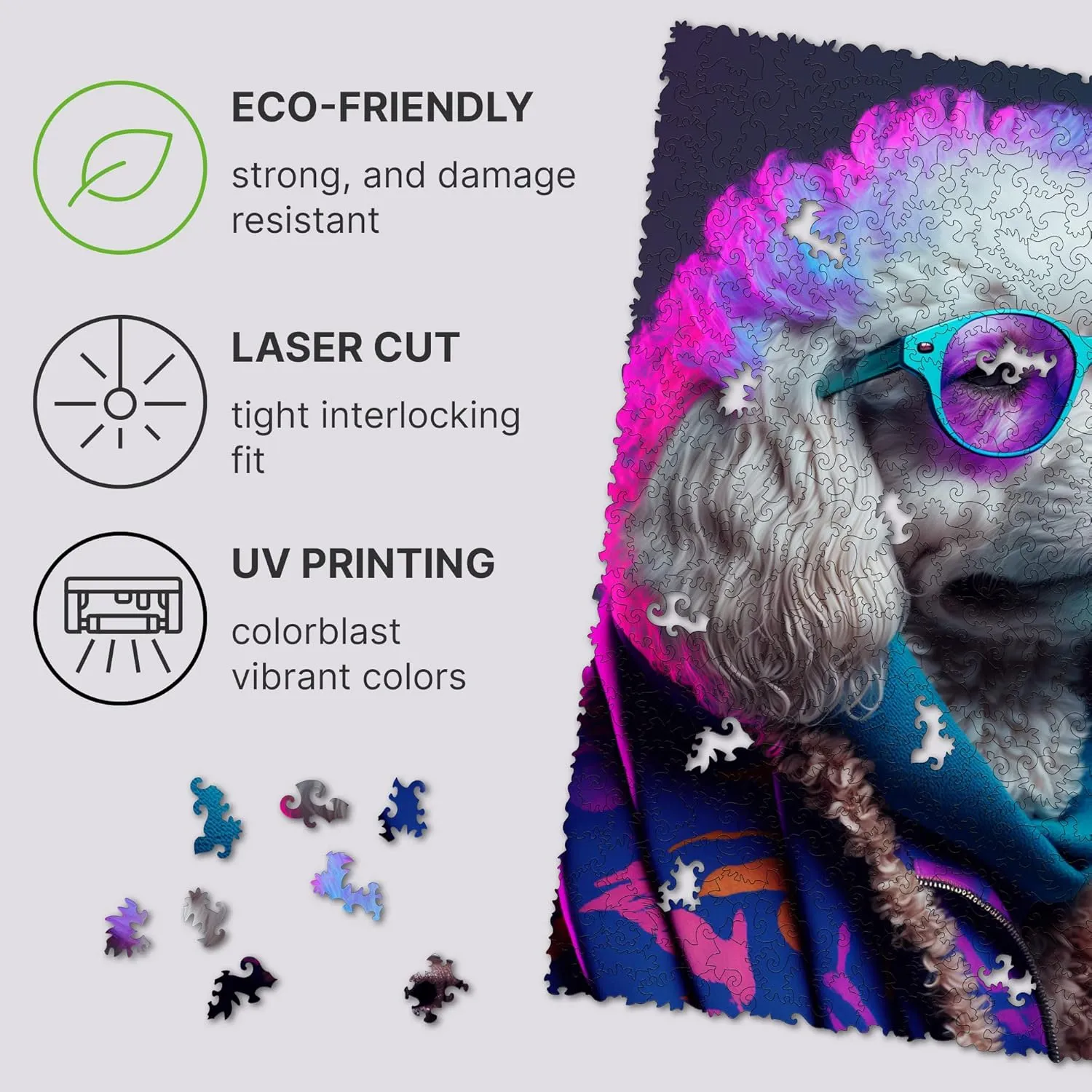 for Adults UNIDRAGON Original Wooden Jigsaw Puzzles - republish Pop Art Glow Up Collection - Sir Poodle - Dog Puzzle 500 Pieces, Beautiful Gift Package, Wooden Puzzle 