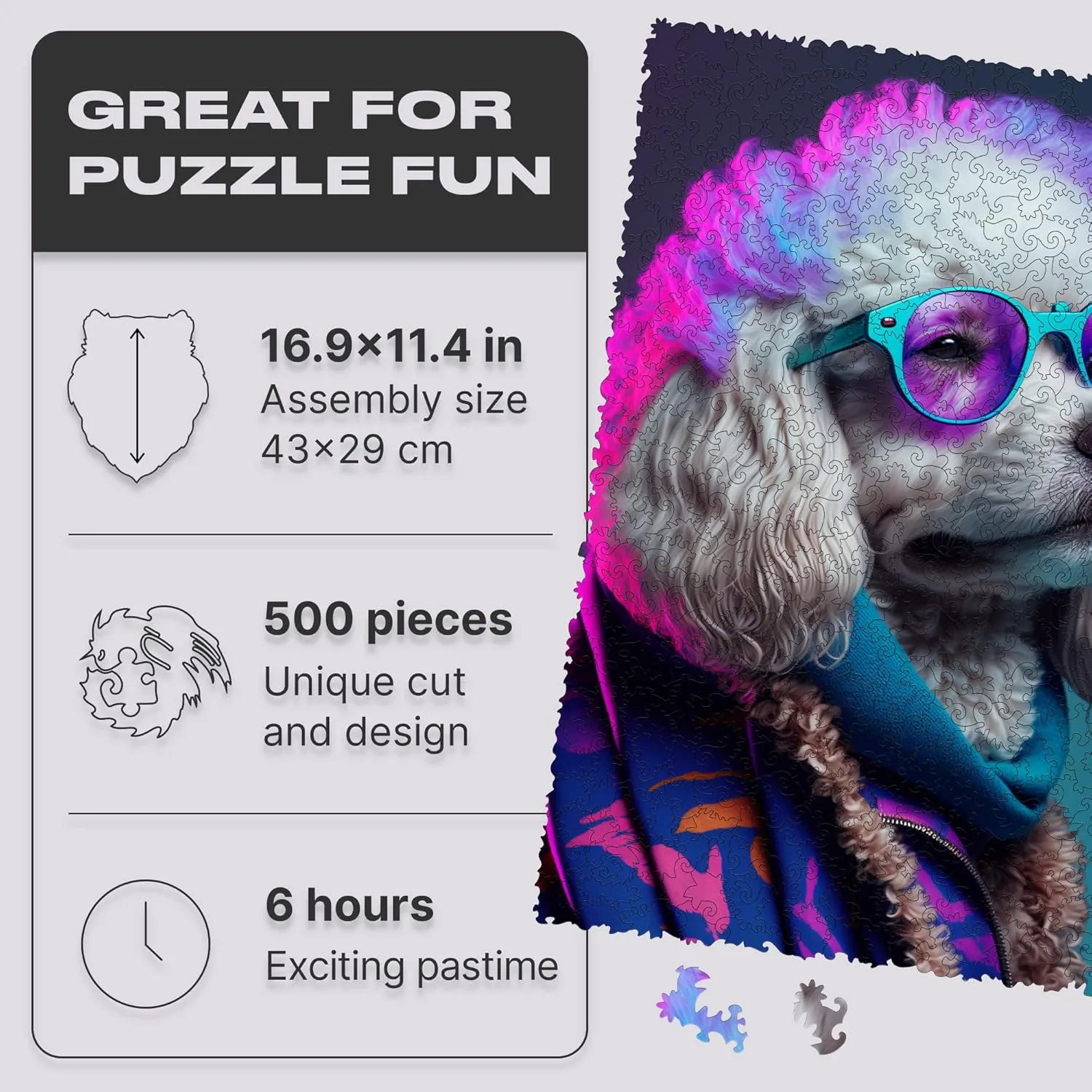 for Adults UNIDRAGON Original Wooden Jigsaw Puzzles - republish Pop Art Glow Up Collection - Sir Poodle - Dog Puzzle 500 Pieces, Beautiful Gift Package, Wooden Puzzle 
