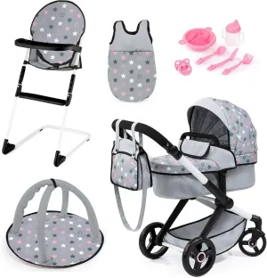 for Dolls Up to 18"$ Kids Toy$ Ages 3  Bayer Design Dolls: Xeo 11 Piece Set - Grey$ Pink$ Stars - Pram$ High imperfect Chair$ Play Gym$ Handbag & Accessories 