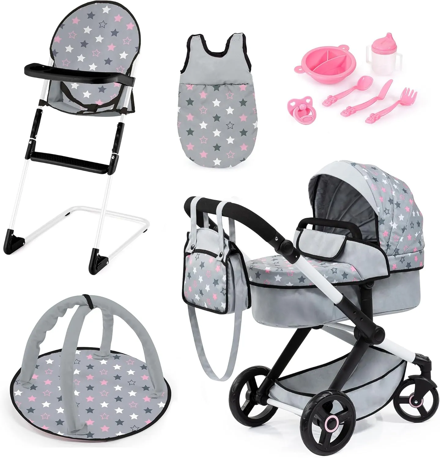 for Dolls Up to 18"$ Kids Toy$ Ages 3  Bayer Design Dolls: Xeo 11 Piece Set - Grey$ Pink$ Stars - Pram$ High imperfect Chair$ Play Gym$ Handbag & Accessories 
