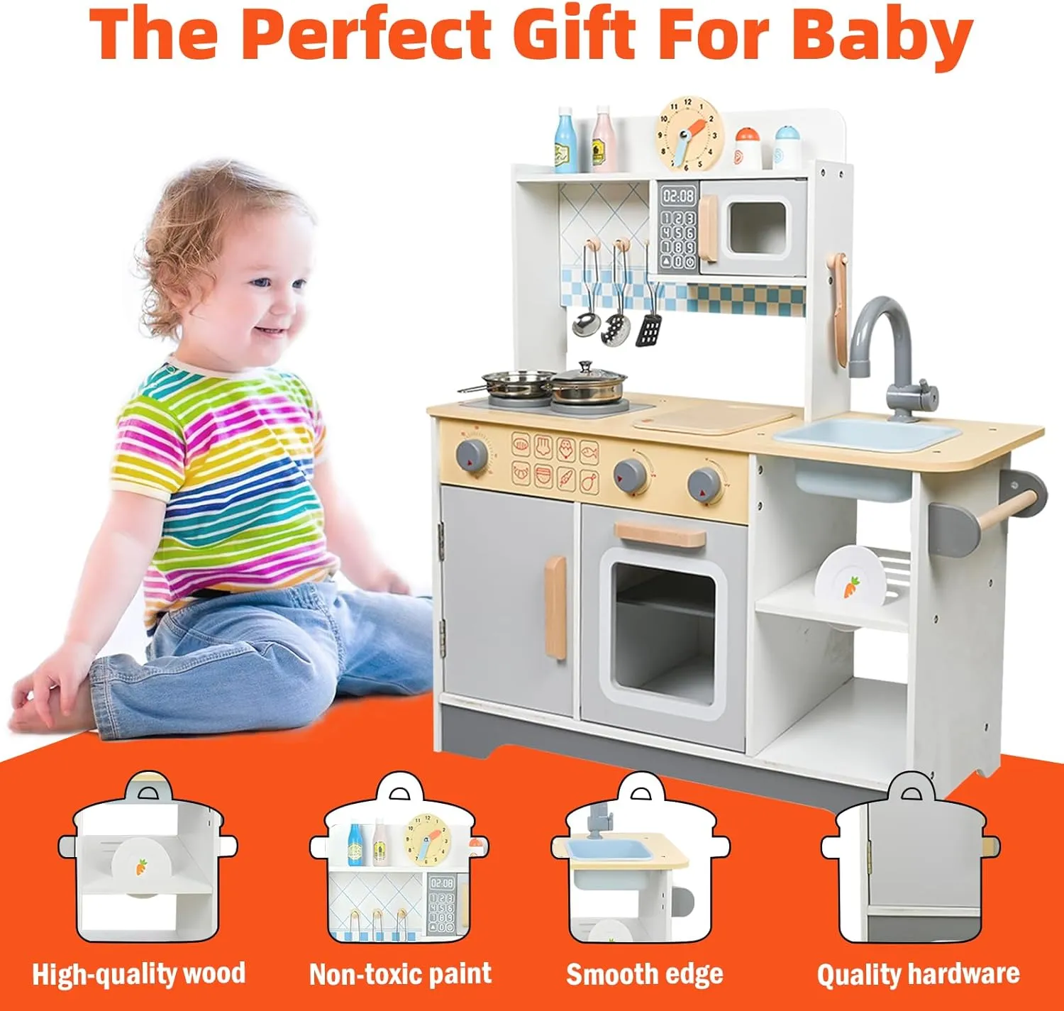 for Kids with Cooking Stove$Microwave$ Oven$ Sink$ Storage Interesting Toys for 4-8 portrayal compact luncheon Years Old Toddlers Adena Montessori Wooden Play Kitchen Set 