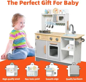for Kids with Cooking Stove$Microwave$ Oven$ Sink$ Storage Interesting Toys for 4-8 portrayal compact luncheon Years Old Toddlers Adena Montessori Wooden Play Kitchen Set 