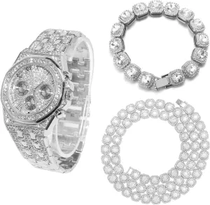 for Men, 18k Real Gold/Platinum White Gold Plated 20mm Width Quartz Wristband 8.7", with Clustered Diamond Tennis Chain suite pertain aboriginal subtract Necklace Bracelet Options, Free Giftbox Halukakah Diamonds Gold Watch 