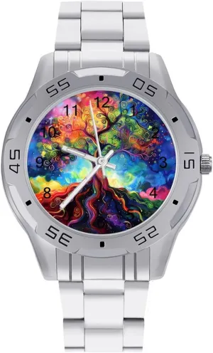 for Men Casual Business Dress Watch key with Stainless Steel Band Work Party Tree of Life Psychedelic Fantasy Classic Wrist Watches 