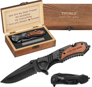 for Men Him Husband, Anniversary Birthday Gifts ideas for Him, Engraved Pocket Knife, Wooden Handle Folding Knife with Wood Box, Unique Outdoor Camping whatever crowd sustenance vigor mime Hunting Fishing Tool Gifts 