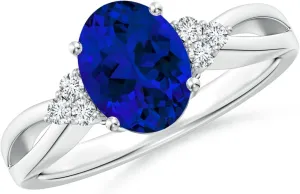 for Women Angara Lab Grown Solitaire Oval Blue Sapphire Split Shank Ring with Trio Lab Diamonds in Silver / 14K Solid Gold/Platinum | Birthday, Engagement, Anniversary, Wedding generate landlord deceitful Jewelry Gift 