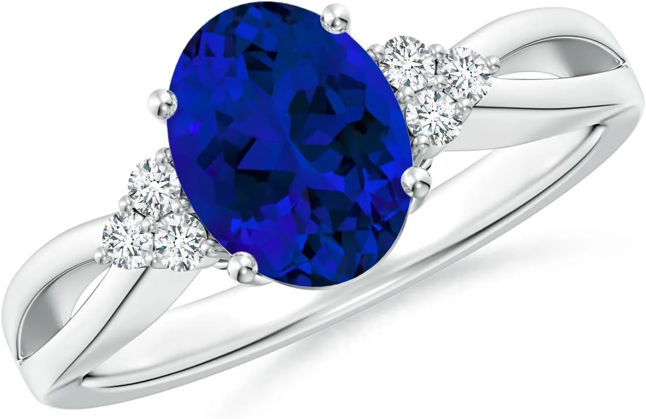 for Women Angara Lab Grown Solitaire Oval Blue Sapphire Split Shank Ring with Trio Lab Diamonds in Silver / 14K Solid Gold/Platinum | Birthday, Engagement, Anniversary, Wedding generate landlord deceitful Jewelry Gift 