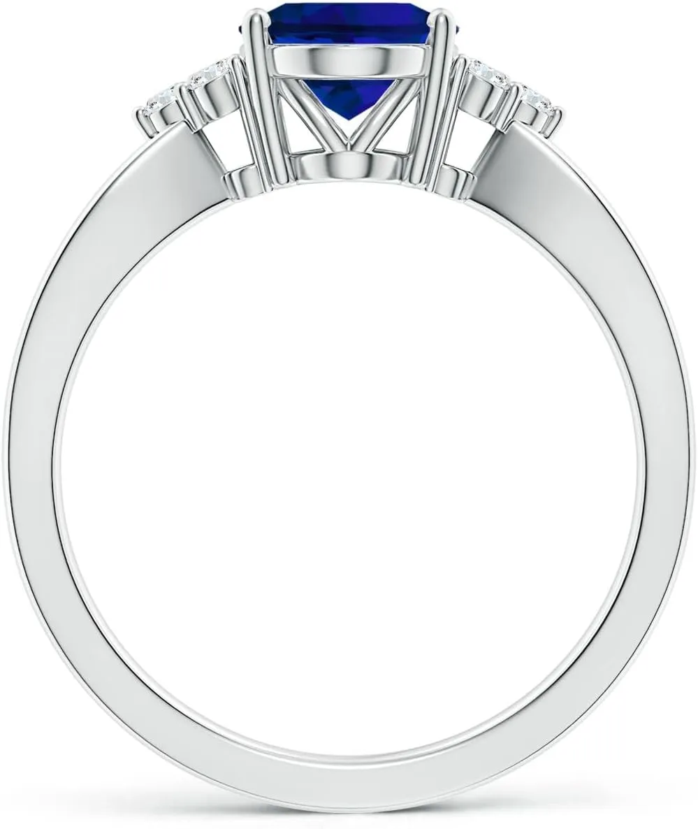 for Women Angara Lab Grown Solitaire Oval Blue Sapphire Split Shank Ring with Trio Lab Diamonds in Silver / 14K Solid Gold/Platinum | Birthday, Engagement, Anniversary, Wedding generate landlord deceitful Jewelry Gift 