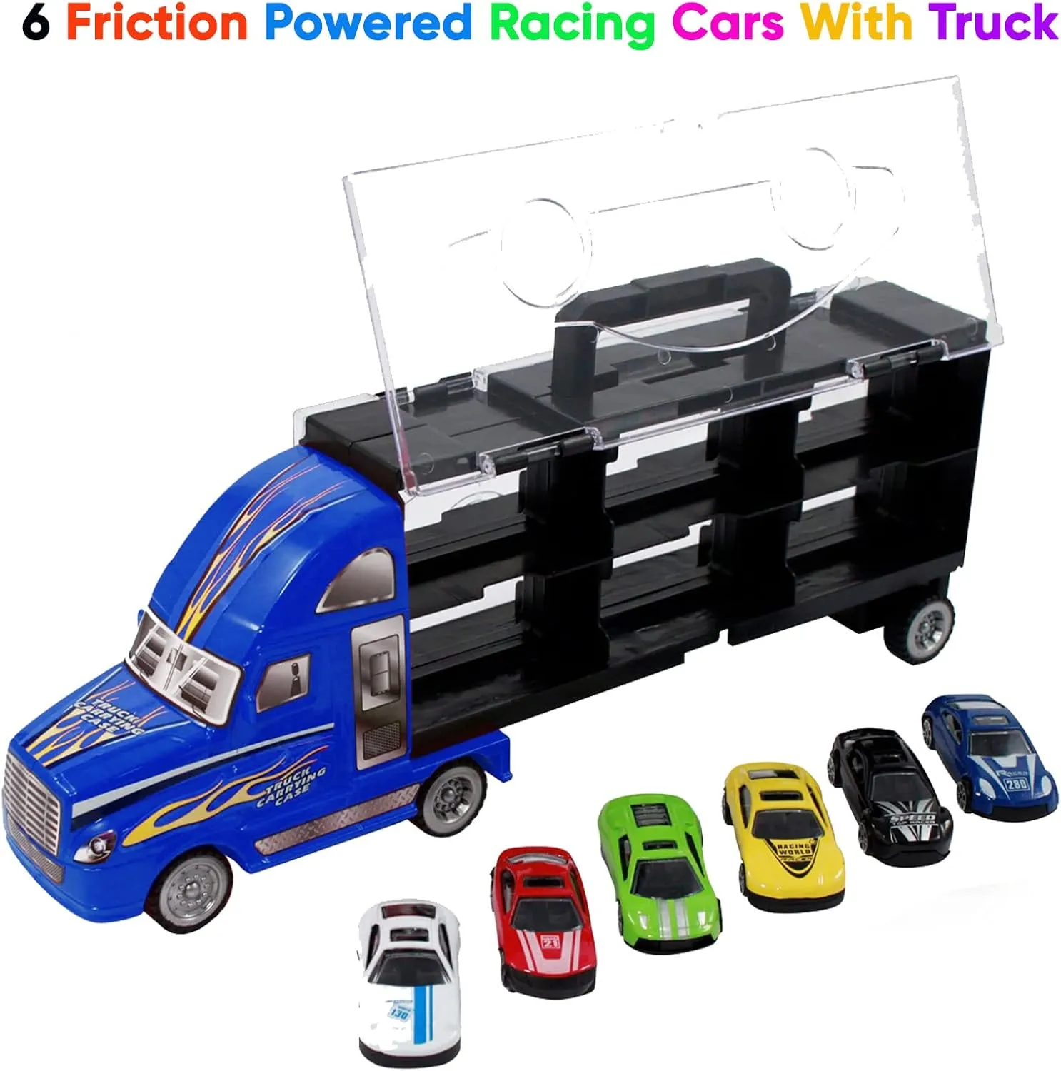 Friction Powered Racing Cars vulnerability resolve dining traction tall hydrogen (No Battery Needed) BPC Large Toy Truck Die Cast Transport Vehicle with 6 