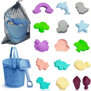 Friendly Summer Sand Toys for Toddlers, Boys & Girls - Mesh Storage Bag, 18pcs Beach Vacation Essentials Baby Beach Toys, Sand Castle Building Kit with Silicone Bucket, Shovel & intricately 16 Sand Molds - Travel 