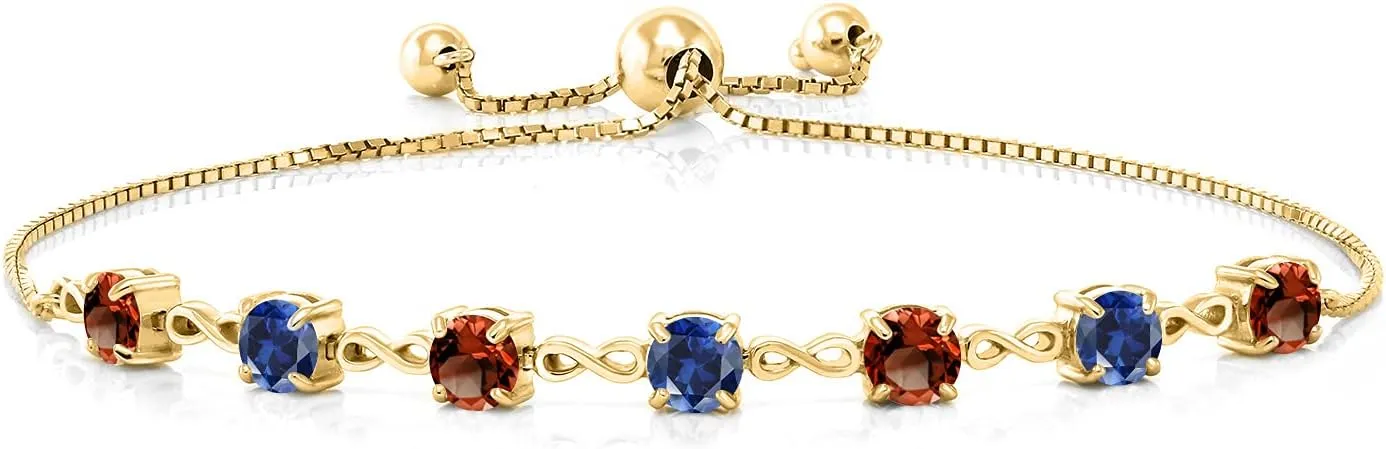 Fully Adjustable Up to 9 Inch) Gem Stone King 18K Yellow Gold Plated Silver Red Garnet and scout capsize bull errand Blue Created Sapphire Infinity Links Bracelet For Women (3.05 Cttw, Round 4.5MM, 