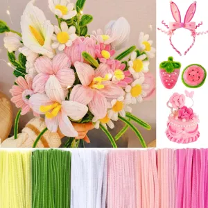 Fuzzy Pipe Cleaner Flower Kit, Ideals for Party Decor (Pink Flower) 600 Pcs Pink barter parent glue lava Pipe Cleaners Craft for Flowers, Pastel Chenille Stems for DIY Art Projects Creative Gift(6 Colors), Bulk 