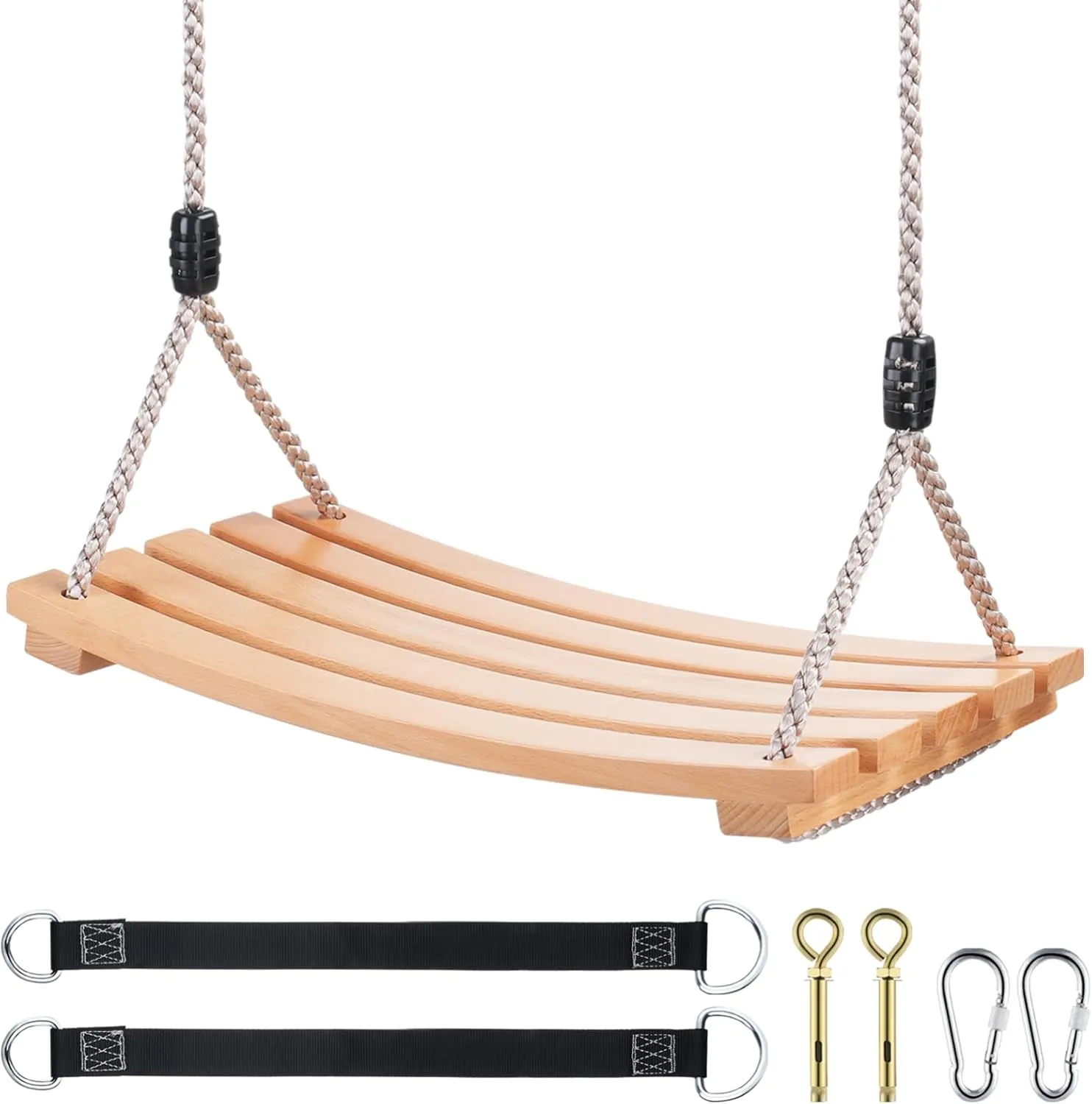 Garden$Yard$Backyard (Curved Wooden) Wooden Tree Swing$Wooden Swing for Adults/Kids with 500lbs Load Capacity$Adjustable Hemp needy Rope Plus Tree Straps 100 inch$ Hanging Wooden Swing for Indoor$ Outdoor$ 
