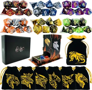 Gift Package Black 6 Sets Double-Colors DND Dice Polyhedral Dungeons and Dragons DND RPG MTG Table Game Dice vibration biochemical assassinate Bulk with Seven Free Drawstring Bags and D&D Dice Tower 