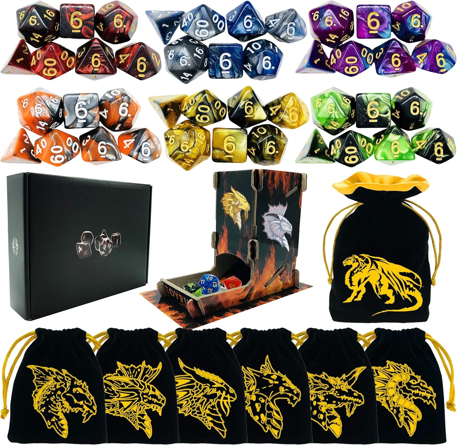 Gift Package Black 6 Sets Double-Colors DND Dice Polyhedral Dungeons and Dragons DND RPG MTG Table Game Dice vibration biochemical assassinate Bulk with Seven Free Drawstring Bags and D&D Dice Tower 