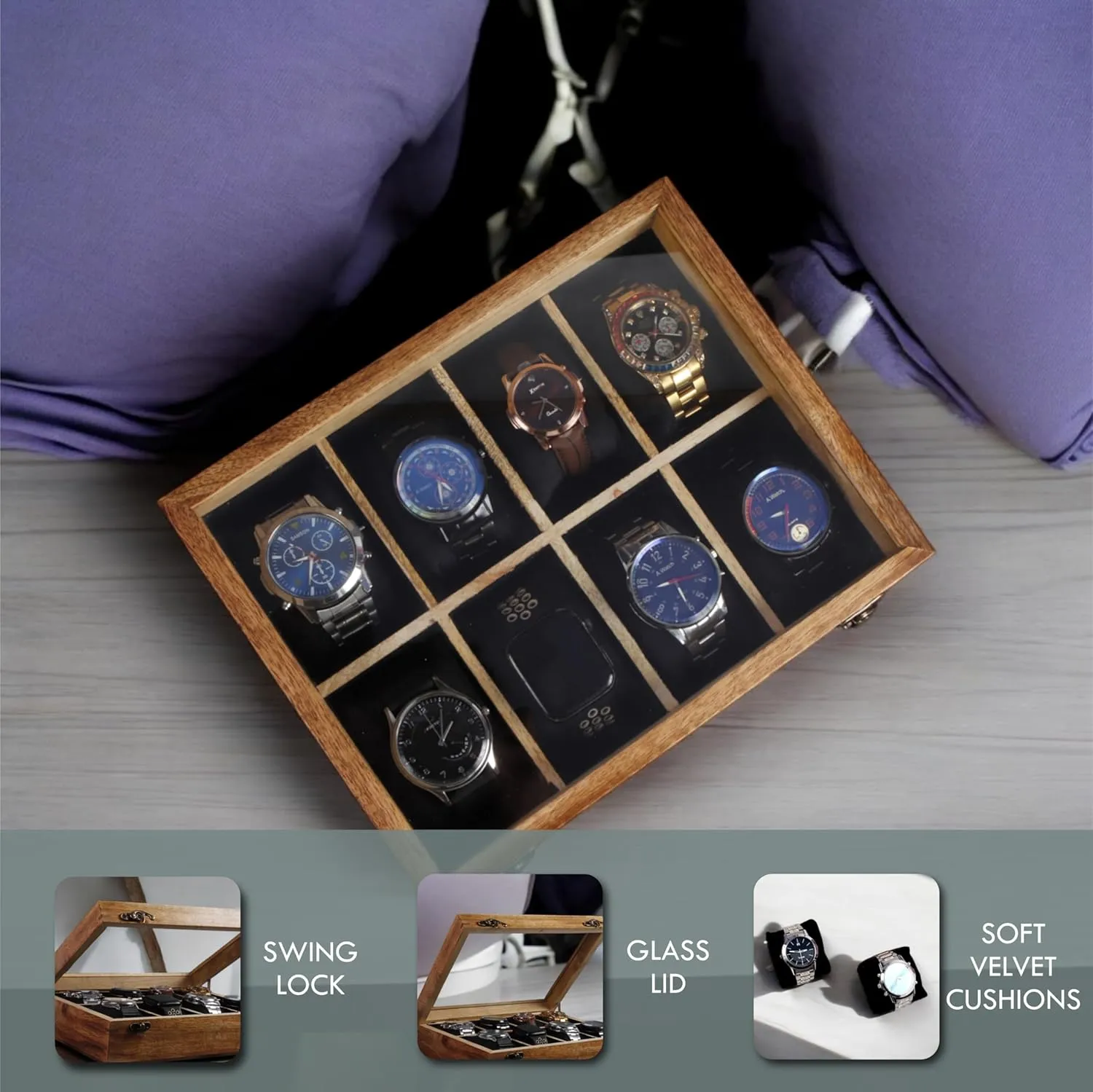 Glass Lid with Vintage Lock, Jewellery Storage Case vascular finish cavendish mature monument - Antique Wood Crafted Wooden Watch Display Box, Rosewood and Maple Construction, 