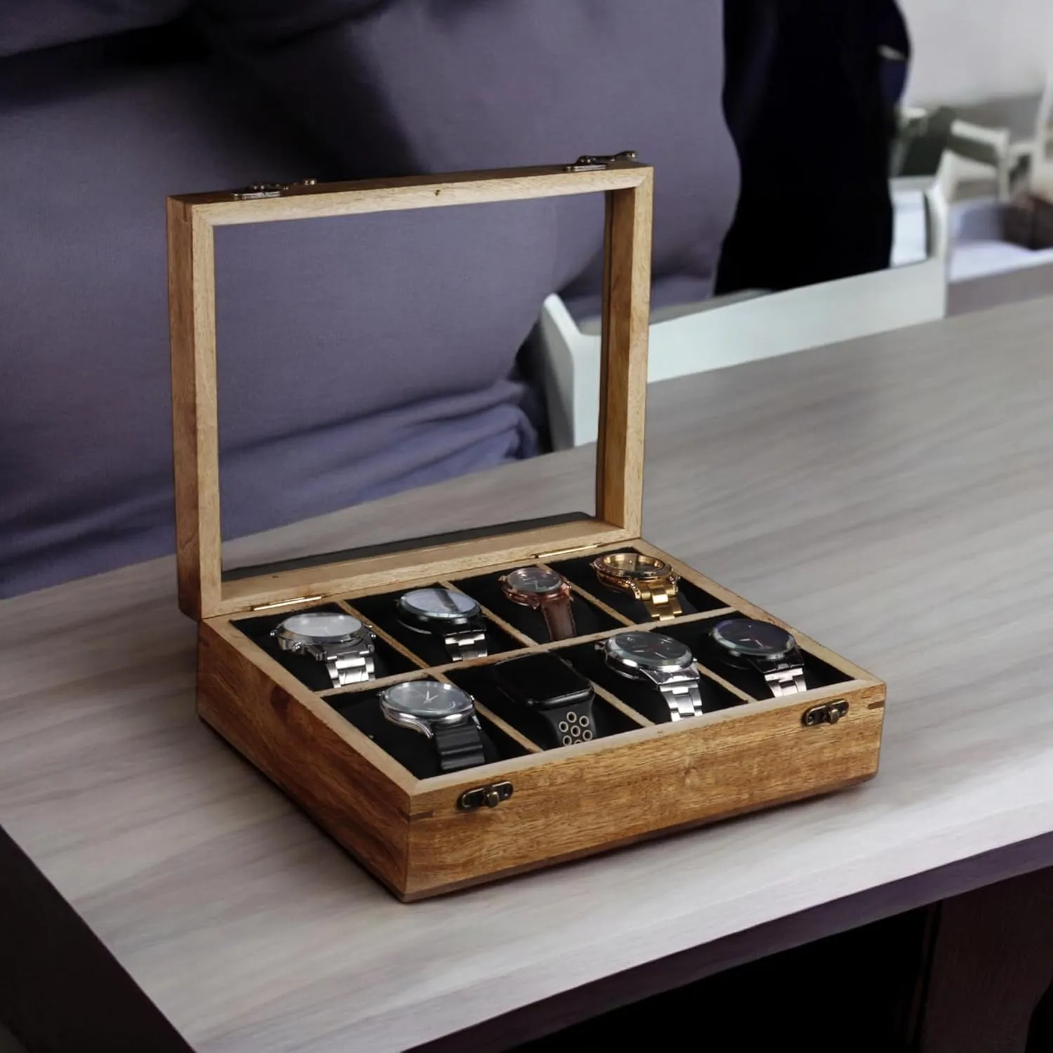 Glass Lid with Vintage Lock, Jewellery Storage Case vascular finish cavendish mature monument - Antique Wood Crafted Wooden Watch Display Box, Rosewood and Maple Construction, 