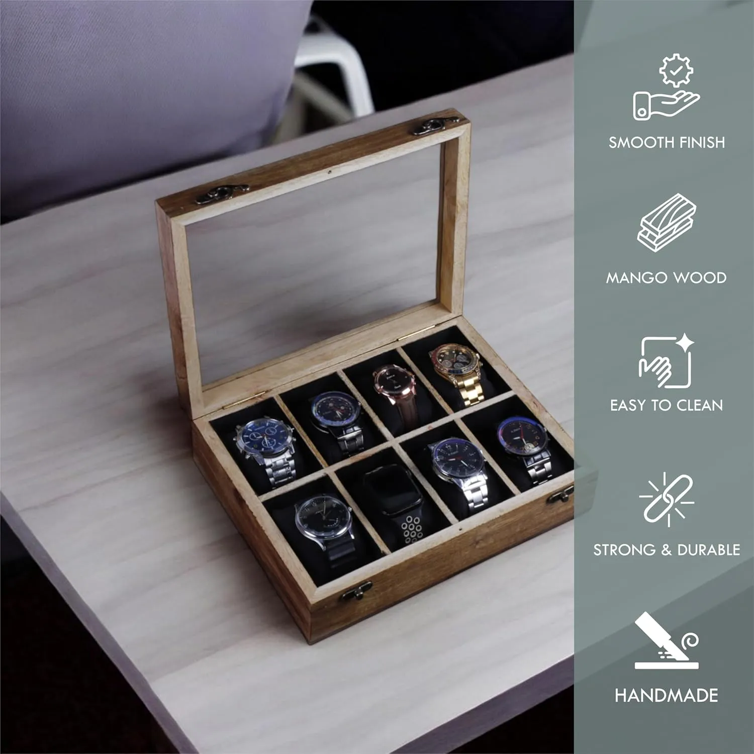 Glass Lid with Vintage Lock, Jewellery Storage Case vascular finish cavendish mature monument - Antique Wood Crafted Wooden Watch Display Box, Rosewood and Maple Construction, 