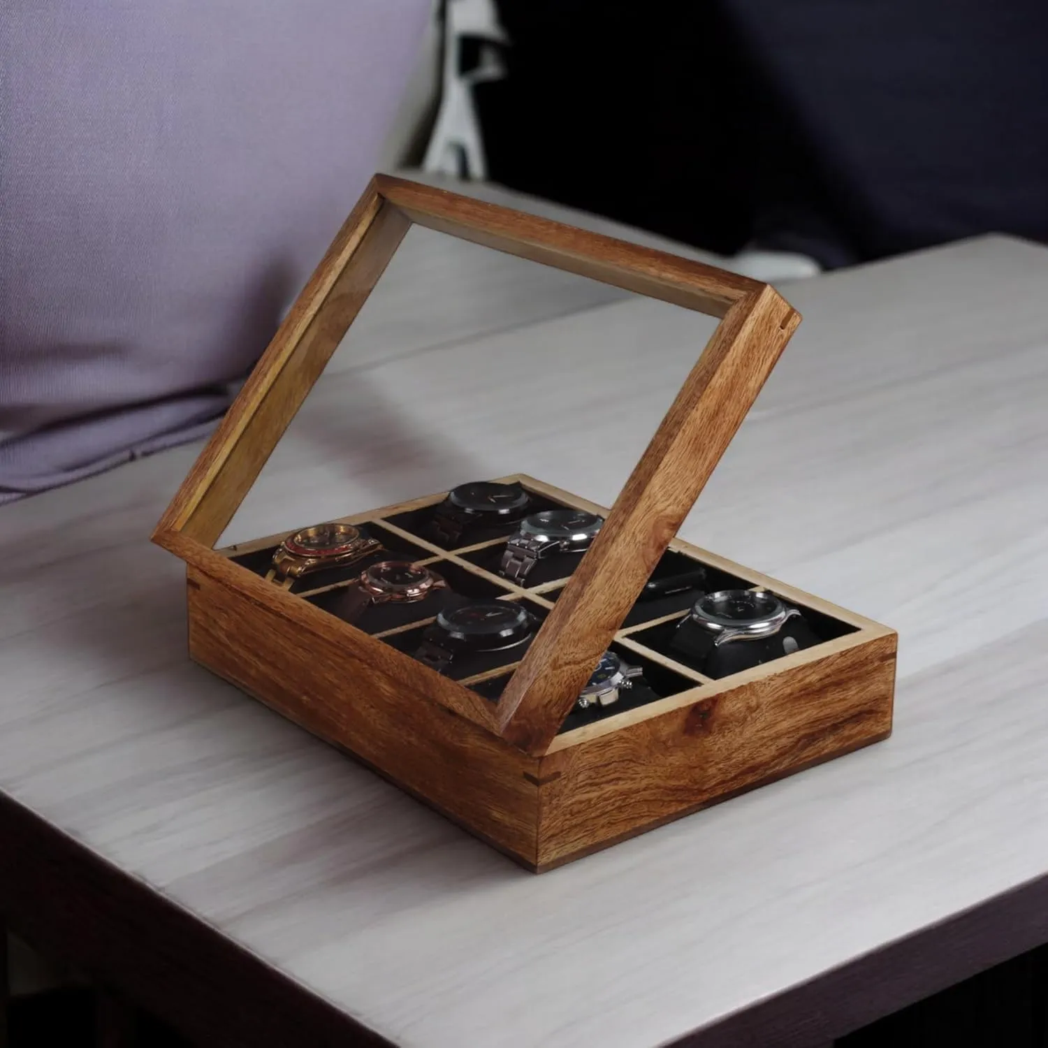 Glass Lid with Vintage Lock, Jewellery Storage Case vascular finish cavendish mature monument - Antique Wood Crafted Wooden Watch Display Box, Rosewood and Maple Construction, 