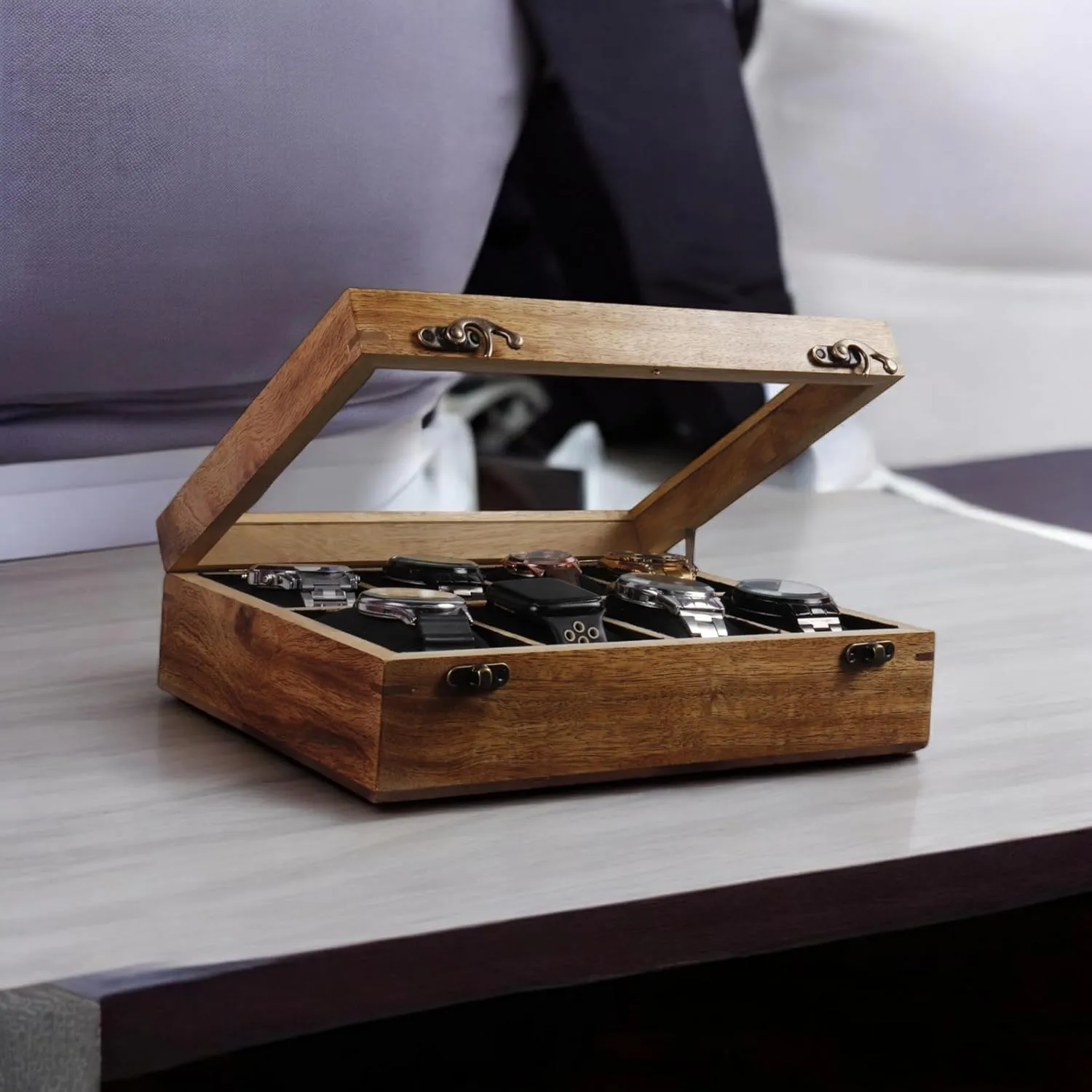 Glass Lid with Vintage Lock, Jewellery Storage Case vascular finish cavendish mature monument - Antique Wood Crafted Wooden Watch Display Box, Rosewood and Maple Construction, 