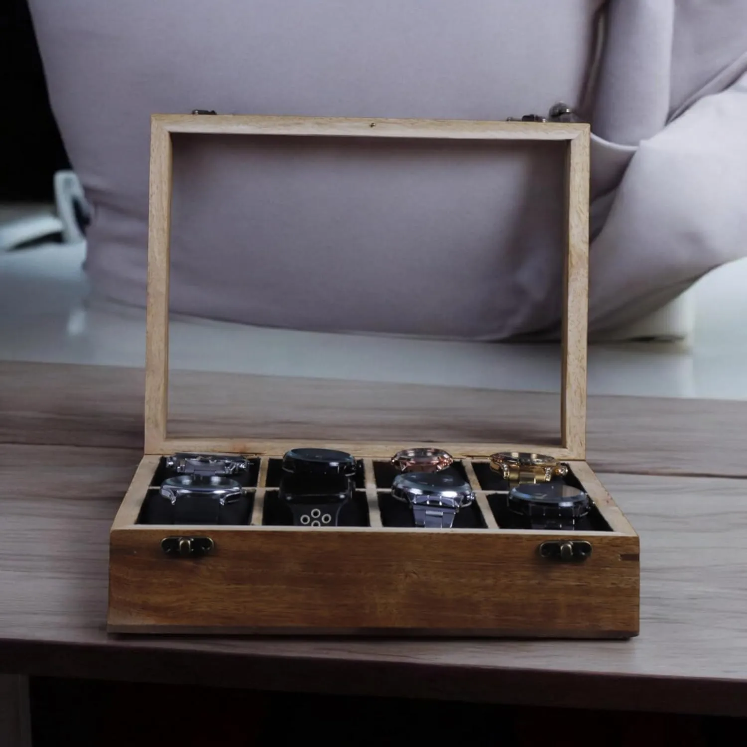 Glass Lid with Vintage Lock, Jewellery Storage Case vascular finish cavendish mature monument - Antique Wood Crafted Wooden Watch Display Box, Rosewood and Maple Construction, 