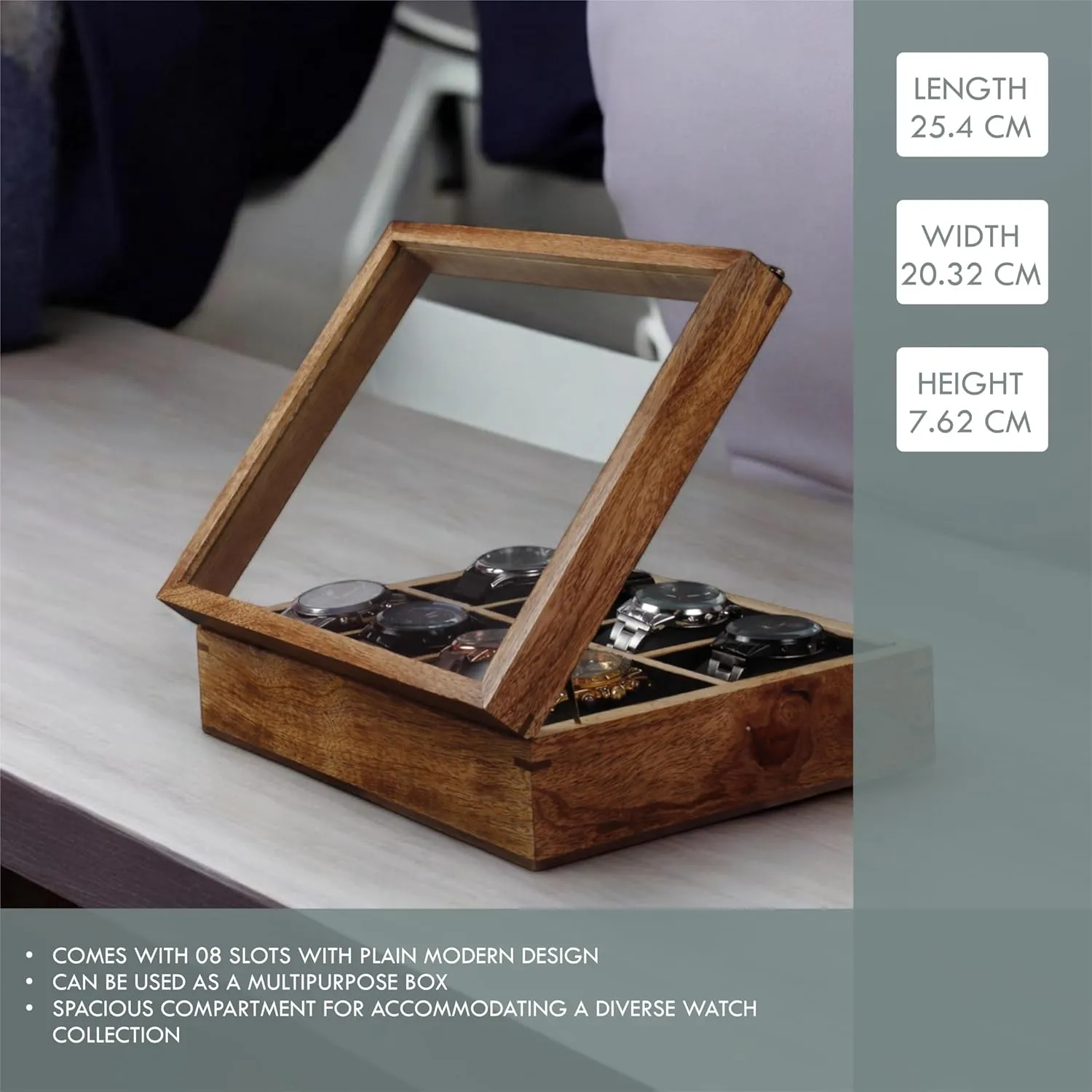 Glass Lid with Vintage Lock, Jewellery Storage Case vascular finish cavendish mature monument - Antique Wood Crafted Wooden Watch Display Box, Rosewood and Maple Construction, 