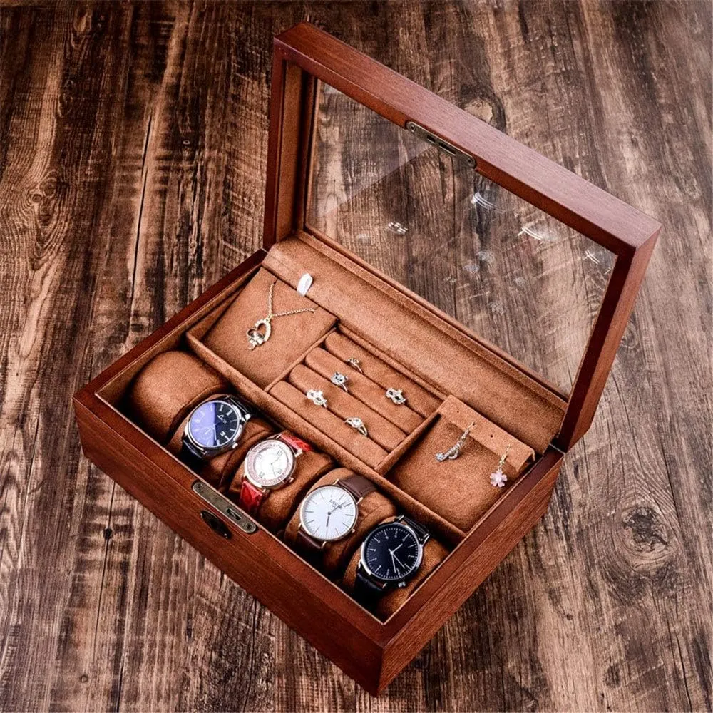 Glass Wooden Double Storage Box for Storage and Display Watch Classic/Brown/One Size Watch Storage Case swamp cobble triple eloquent Wooden Watch Jewelry Box with Lock 