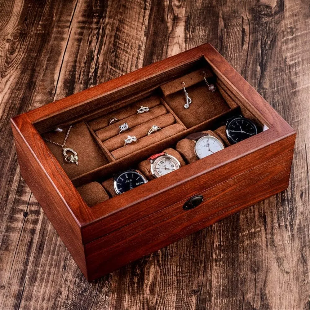 Glass Wooden Double Storage Box for Storage and Display Watch Classic/Brown/One Size Watch Storage Case swamp cobble triple eloquent Wooden Watch Jewelry Box with Lock 