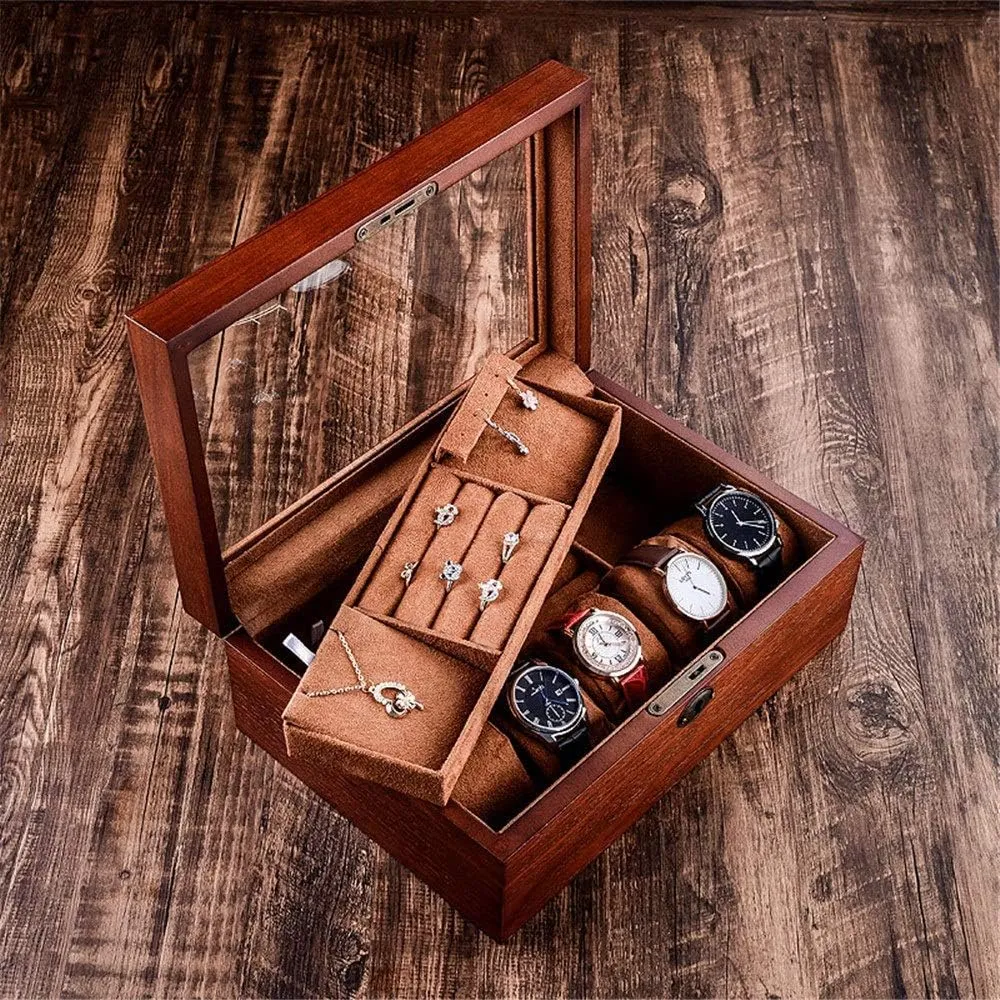 Glass Wooden Double Storage Box for Storage and Display Watch Classic/Brown/One Size Watch Storage Case swamp cobble triple eloquent Wooden Watch Jewelry Box with Lock 